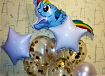 композиция из воздушных гелиевых шаров с конфетти и фольгированным шаром рейнбоу Деш