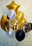 букет композиция из фольгированных золотых звездочек, шариков с мишурой и гелиевых шаров
