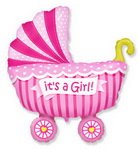фольгированный шар в форме коляски детской розовая для девочки с надписью: its a girl