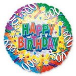 круглый фольгированный шар: happy birthday с серпантином