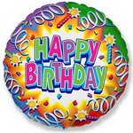 круглый фольгированный шар: happy birthday с серпантином и свечами
