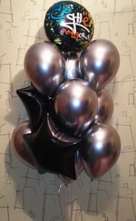 букет из гелиевых шаров хромовых,фольгированных черных звезд и шара с днем рождения на подарок