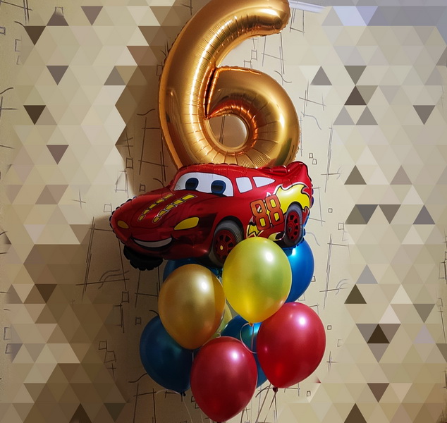 
Букет з гелієвих та фольгованих кульки для хлопчика на день народження з кулею цифрою із фольги золотого кольору,
фольгованої машинкою блискавкою Маквін червоного кольору та різнокольорових кульки з гелієм асорті.
