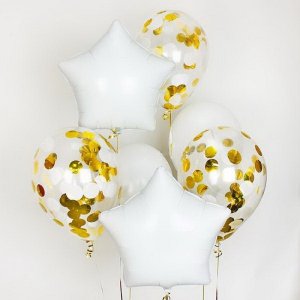 букет композиция из белых фольгированных звёзд, шаров с конфетти и белых шариков с гелием