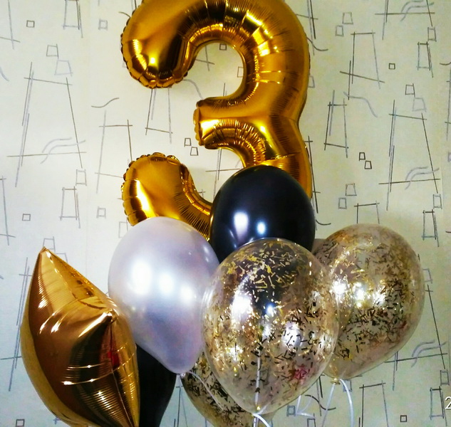 гелиевые фольгированные шары цифра 3 золотого цвета