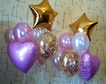 композиция из воздушных шаров для фото: золотые звезды, розовые сердца, шары с золотым метафаном