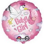круглый фольгированный розовый шарик на выписку девочке с аистом и девочкой