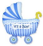 фольгировынный шар коляска детская голубая для мальчика с надписью: its a boy