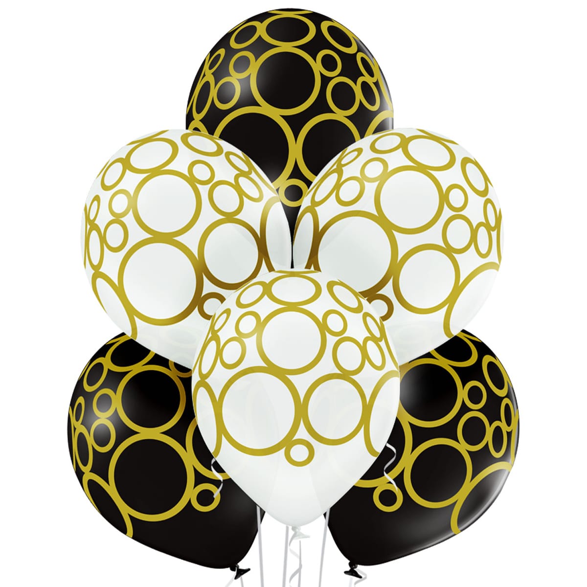 белые и черные перламутровые шарики с гелием с золотыми кругами к 8 марта