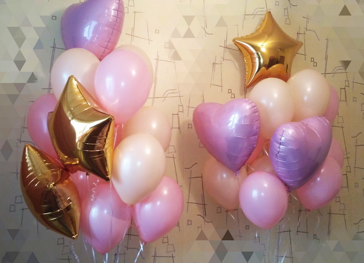 букеты из воздушных шаров с гелием в розовом цвете с золотыми звездами